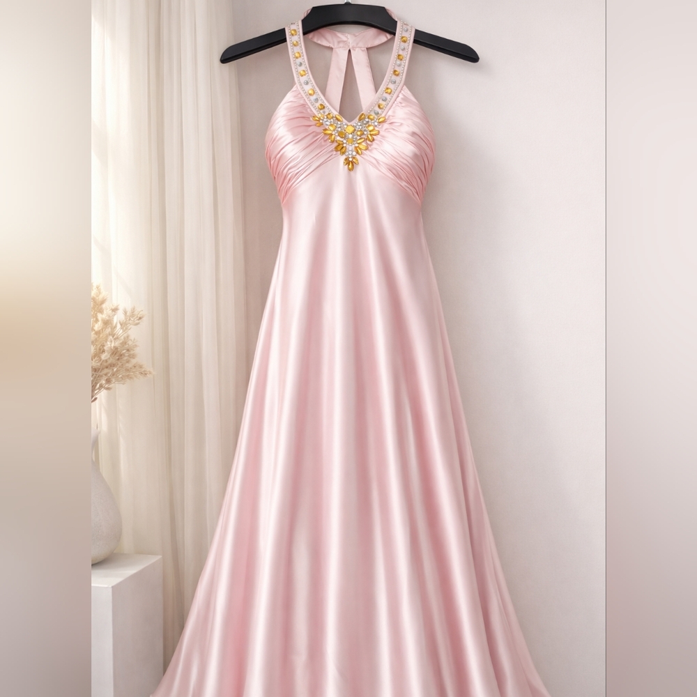 Dave & Johnny Blush Pink Beaded Halter Gown – Size 15/16